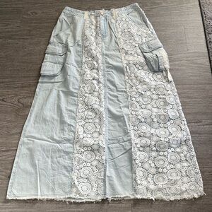 POL Light Blue Lace Paneled Maxi Skirt NEW